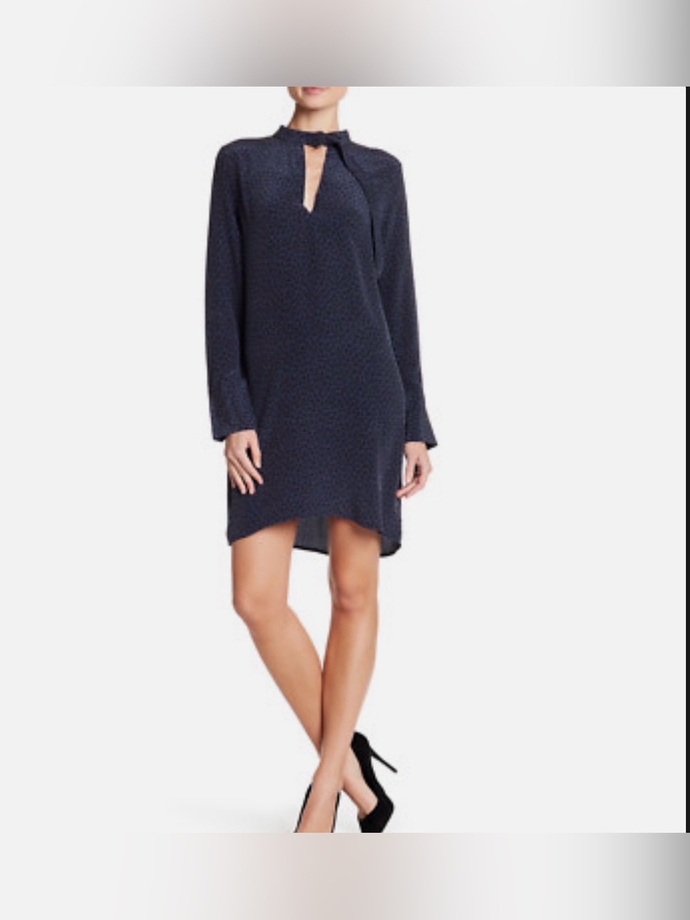 Equipment Femme Navy Blue Silk Shift Dress Tie Neck Long Sleeve Size M